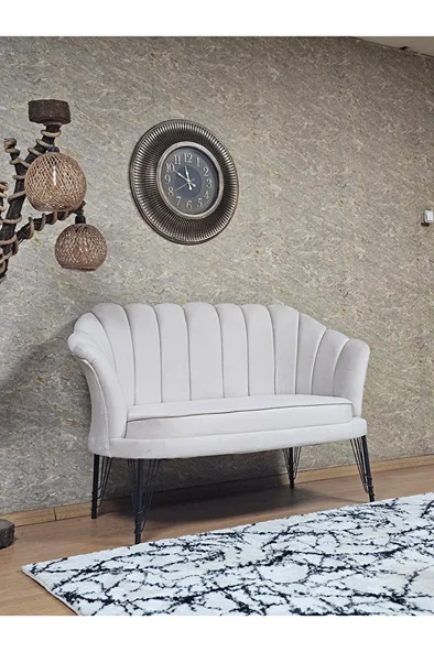 İkili İstiridye Siyah Boyalı Telli Ayak Çay Seti Koltuk Tekli Berjer , İkili Berjer Koltuk Krem Renk 110 x 48 Boyut/Ebat - Resim 2