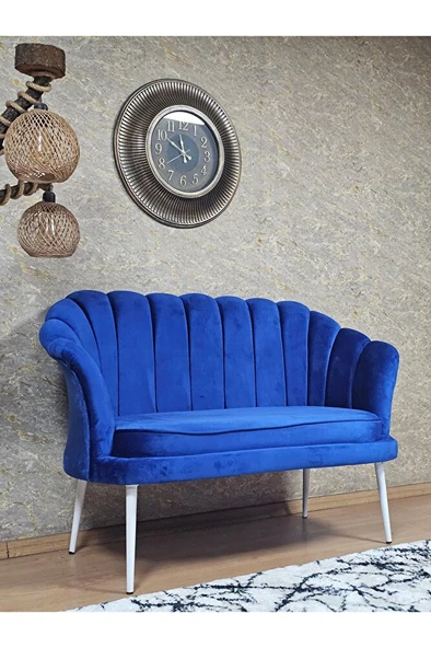 İkili İstiridye Beyaz Boyalı Sivriltme Ayak Çay Seti Koltuk Tekli Berjer , İkili Berjer Koltuk Mavi Renk 110 x 48 Boyut/Ebat - Resim 2