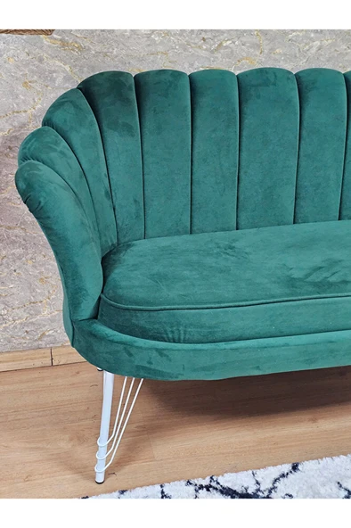 İkili İstiridye Beyaz Boyalı Telli Ayak Çay Seti Koltuk Tekli Berjer , İkili Berjer Koltuk Yeşil Renk 110 x 48 Boyut/Ebat - Resim 4