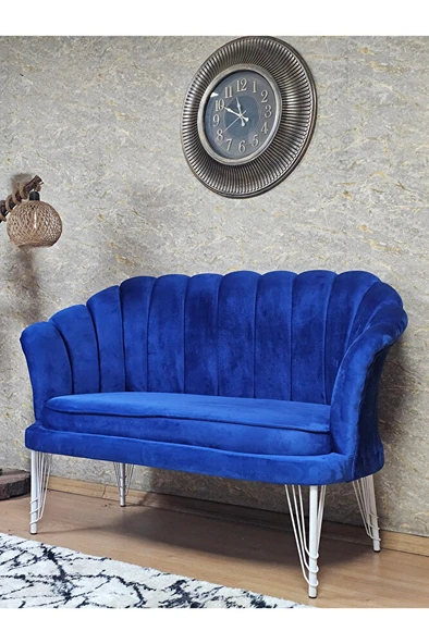 İkili İstiridye Beyaz Boyalı Telli Ayak Çay Seti Koltuk Tekli Berjer , İkili Berjer Koltuk Mavi Renk 110 x 48 Boyut/Ebat - 3