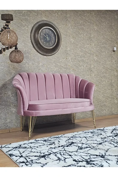 İkili İstiridye Gold Kaplama Telli Ayak Çay Seti Koltuk Tekli Berjer , İkili Berjer Koltuk Pembe Renk 110 x 48 Boyut/Ebat - Resim 2