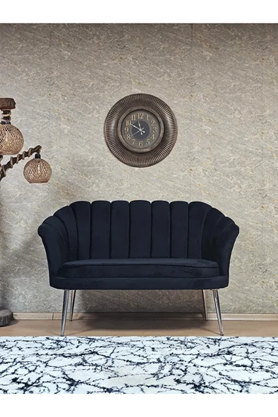 İkili İstiridye Krom Kaplama Sivriltme Ayak Çay Seti Koltuk İkili Berjer , İkili Berjer Koltuk Siyah Renk 110 x 48 Boyut/Ebat