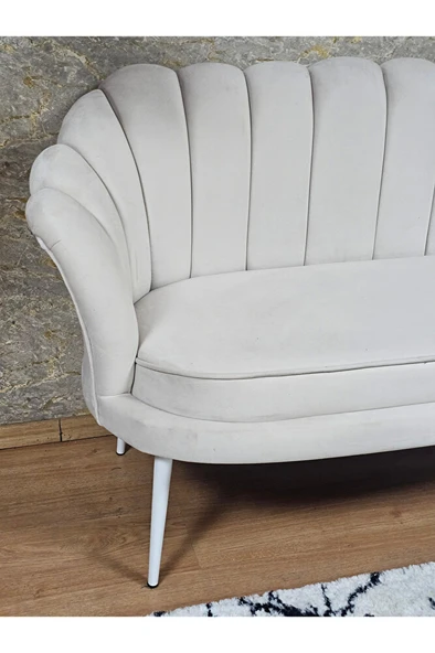 İkili İstiridye Beyaz Boyalı Sivriltme Ayak Çay Seti Koltuk Tekli Berjer , İkili Berjer Koltuk Krem Renk 110 x 48 Boyut/Ebat - 4