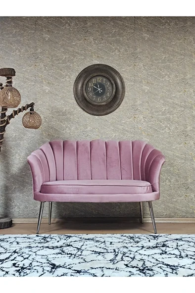 İkili İstiridye Krom Kaplama Sivriltme Ayak Çay Seti Koltuk İkili Berjer , İkili Berjer Koltuk Pembe Renk 110 x 48 Boyut/Ebat