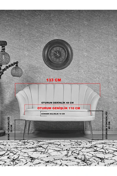 İkili İstiridye Krom Kaplama Sivriltme Ayak Çay Seti Koltuk İkili Berjer , İkili Berjer Koltuk Krem Renk 110 x 48 Boyut/Ebat - Resim 5