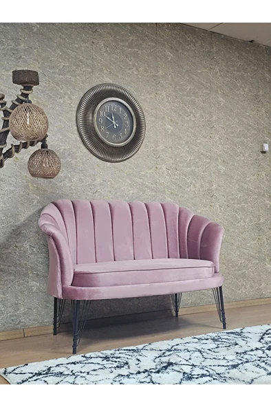 İkili İstiridye Siyah Boyalı Telli Ayak Çay Seti Koltuk Tekli Berjer , İkili Berjer Koltuk Pembe Renk 110 x 48 Boyut/Ebat - 2