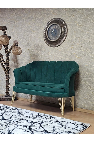 İkili İstiridye Gold Kaplama Telli Ayak Çay Seti Koltuk Tekli Berjer , İkili Berjer Koltuk Yeşil Renk 110 x 48 Boyut/Ebat - Resim 3