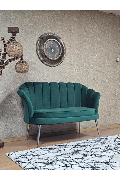 İkili İstiridye Krom Kaplama Sivriltme Ayak Çay Seti Koltuk İkili Berjer , İkili Berjer Koltuk Yeşil Renk 110 x 48 Boyut/Ebat - Resim 2