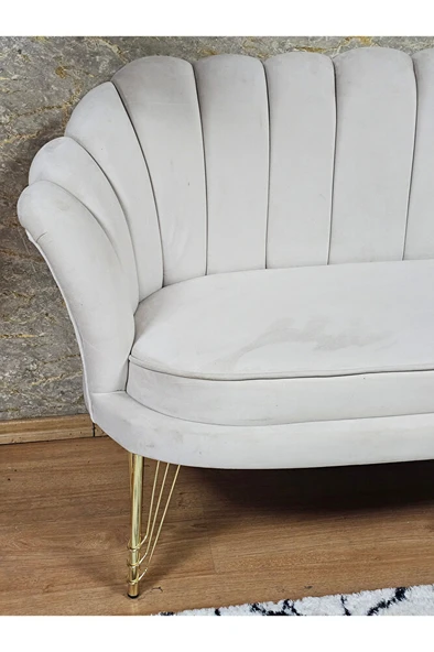 İkili İstiridye Gold Kaplama Telli Ayak Çay Seti Koltuk Tekli Berjer , İkili Berjer Koltuk Krem Renk 110 x 48 Boyut/Ebat - 4