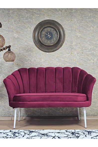 İkili İstiridye Beyaz Boyalı Sivriltme Ayak Çay Seti Koltuk Tekli Berjer , İkili Berjer Koltuk Bordo Renk 110 x 48 Boyut/Ebat