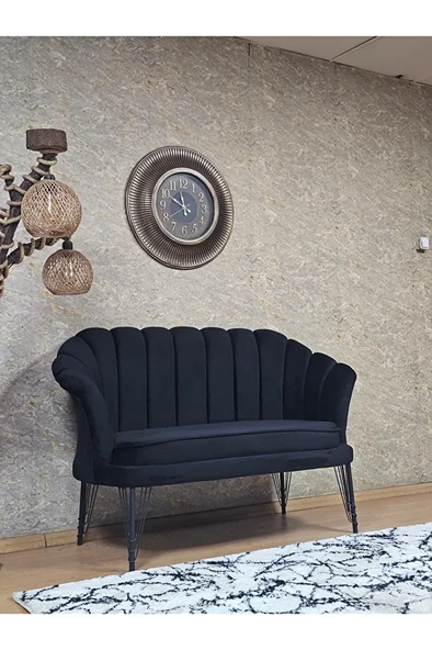 İkili İstiridye Siyah Boyalı Telli Ayak Çay Seti Koltuk Tekli Berjer , İkili Berjer Koltuk Siyah Renk 110 x 48 Boyut/Ebat - Resim 2