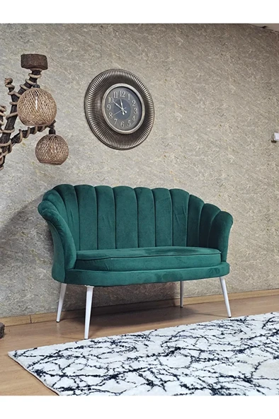 İkili İstiridye Beyaz Boyalı Sivriltme Ayak Çay Seti Koltuk Tekli Berjer , İkili Berjer Koltuk Yeşil Renk 110 x 48 Boyut/Ebat - Resim 2