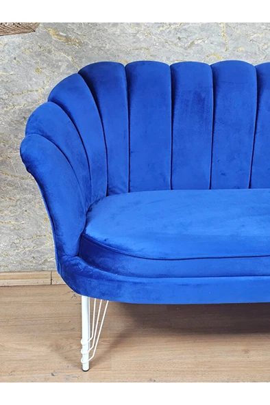 İkili İstiridye Beyaz Boyalı Telli Ayak Çay Seti Koltuk Tekli Berjer , İkili Berjer Koltuk Mavi Renk 110 x 48 Boyut/Ebat - 4