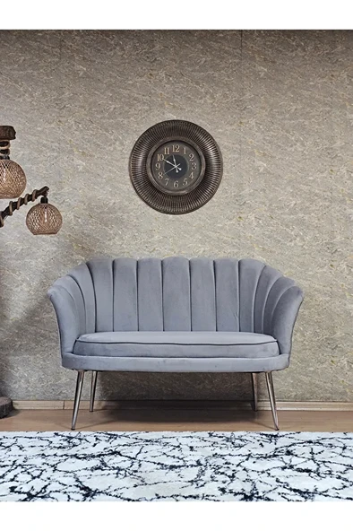 İkili İstiridye Krom Kaplama Sivriltme Ayak Çay Seti Koltuk İkili Berjer , İkili Berjer Koltuk Gri Renk 110 x 48 Boyut/Ebat