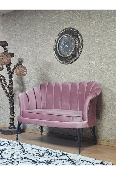 İkili İstiridye Siyah Boyalı Telli Ayak Çay Seti Koltuk Tekli Berjer , İkili Berjer Koltuk Pembe Renk 110 x 48 Boyut/Ebat - 3