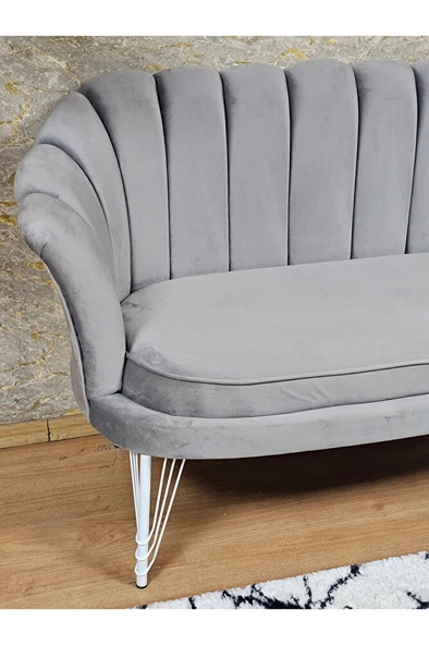 İkili İstiridye Beyaz Boyalı Telli Ayak Çay Seti Koltuk Tekli Berjer , İkili Berjer Koltuk Gri Renk 110 x 48 Boyut/Ebat - 4