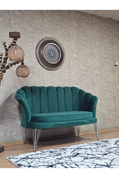 İkili İstiridye Krom Kaplama Telli Ayak Çay Seti Koltuk Tekli Berjer , İkili Berjer Koltuk Yeşil Renk 110 x 48 Boyut/Ebat - 2