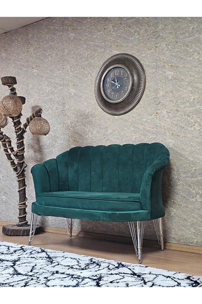 İkili İstiridye Krom Kaplama Telli Ayak Çay Seti Koltuk Tekli Berjer , İkili Berjer Koltuk Yeşil Renk 110 x 48 Boyut/Ebat - 3