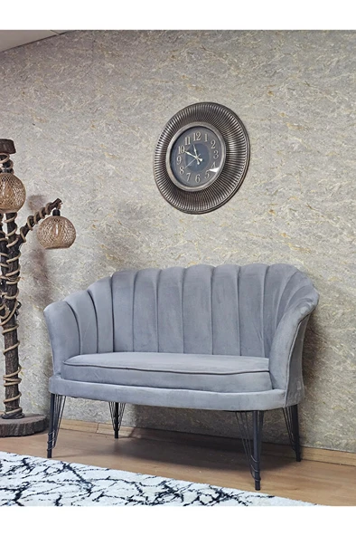 İkili İstiridye Siyah Boyalı Telli Ayak Çay Seti Koltuk Tekli Berjer , İkili Berjer Koltuk Gri Renk 110 x 48 Boyut/Ebat - Resim 3