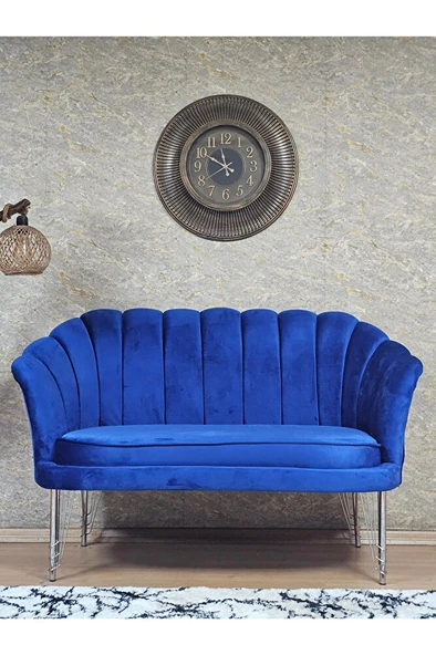 İkili İstiridye Krom Kaplama Telli Ayak Çay Seti Koltuk Tekli Berjer , İkili Berjer Koltuk Mavi Renk 110 x 48 Boyut/Ebat