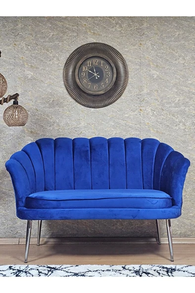 İkili İstiridye Krom Kaplama Sivriltme Ayak Çay Seti Koltuk İkili Berjer , İkili Berjer Koltuk Mavi Renk 110 x 48 Boyut/Ebat