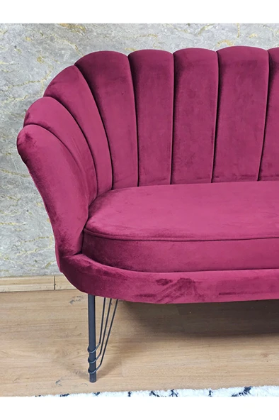 İkili İstiridye Siyah Boyalı Telli Ayak Çay Seti Koltuk Tekli Berjer , İkili Berjer Koltuk Bordo Renk 110 x 48 Boyut/Ebat - 4