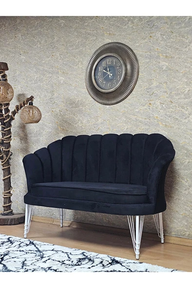 İkili İstiridye Beyaz Boyalı Telli Ayak Çay Seti Koltuk Tekli Berjer , İkili Berjer Koltuk Siyah Renk 110 x 48 Boyut/Ebat - 3