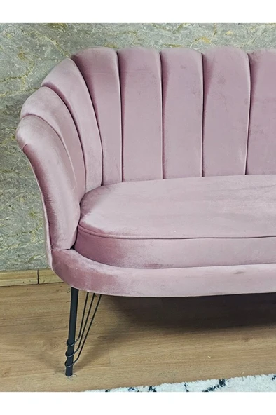 İkili İstiridye Siyah Boyalı Telli Ayak Çay Seti Koltuk Tekli Berjer , İkili Berjer Koltuk Pembe Renk 110 x 48 Boyut/Ebat - 4