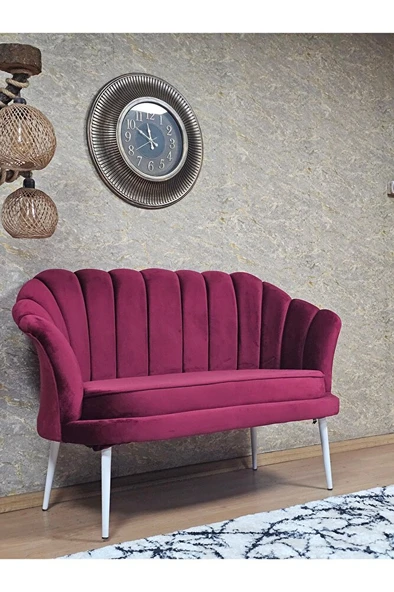 İkili İstiridye Beyaz Boyalı Sivriltme Ayak Çay Seti Koltuk Tekli Berjer , İkili Berjer Koltuk Bordo Renk 110 x 48 Boyut/Ebat - 2