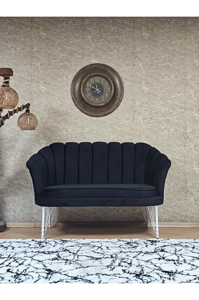 İkili İstiridye Beyaz Boyalı Telli Ayak Çay Seti Koltuk Tekli Berjer , İkili Berjer Koltuk Siyah Renk 110 x 48 Boyut/Ebat