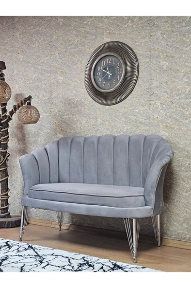 İkili İstiridye Krom Kaplama Telli Ayak Çay Seti Koltuk Tekli Berjer , İkili Berjer Koltuk Gri Renk 110 x 48 Boyut/Ebat - 3