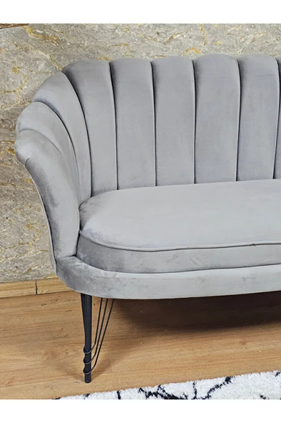 İkili İstiridye Siyah Boyalı Telli Ayak Çay Seti Koltuk Tekli Berjer , İkili Berjer Koltuk Gri Renk 110 x 48 Boyut/Ebat - Resim 4