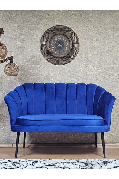 İkili İstiridye Siyah Boyalı Sivriltme Ayak Çay Seti Koltuk İkili Berjer , İkili Berjer Koltuk Mavi Renk 110 x 48 Boyut/Ebat