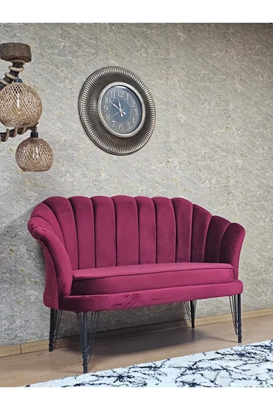 İkili İstiridye Siyah Boyalı Telli Ayak Çay Seti Koltuk Tekli Berjer , İkili Berjer Koltuk Bordo Renk 110 x 48 Boyut/Ebat - 2