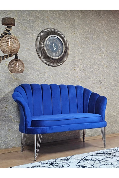 İkili İstiridye Krom Kaplama Telli Ayak Çay Seti Koltuk Tekli Berjer , İkili Berjer Koltuk Mavi Renk 110 x 48 Boyut/Ebat - 2