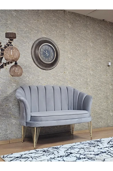 İkili İstiridye Gold Kaplama Telli Ayak Çay Seti Koltuk Tekli Berjer , İkili Berjer Koltuk Gri Renk 110 x 48 Boyut/Ebat - Resim 2