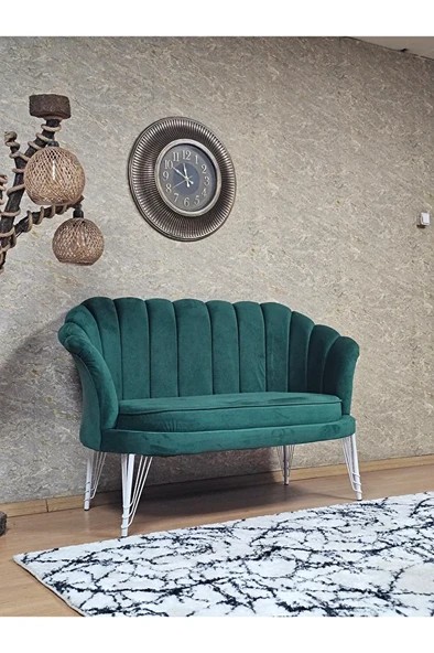 İkili İstiridye Beyaz Boyalı Telli Ayak Çay Seti Koltuk Tekli Berjer , İkili Berjer Koltuk Yeşil Renk 110 x 48 Boyut/Ebat - Resim 2