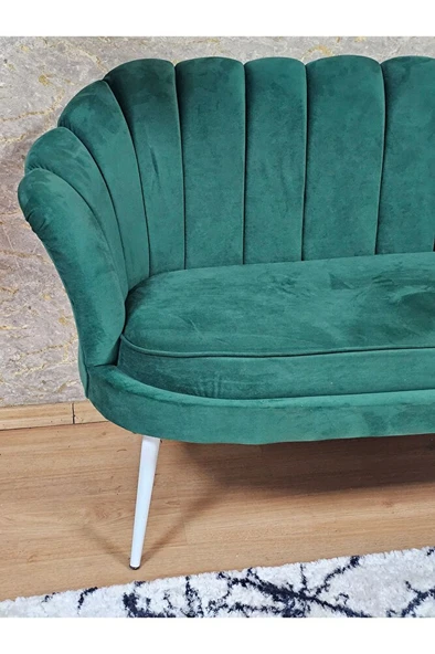 İkili İstiridye Beyaz Boyalı Sivriltme Ayak Çay Seti Koltuk Tekli Berjer , İkili Berjer Koltuk Yeşil Renk 110 x 48 Boyut/Ebat - Resim 4