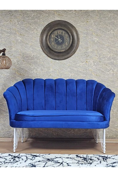 İkili İstiridye Beyaz Boyalı Telli Ayak Çay Seti Koltuk Tekli Berjer , İkili Berjer Koltuk Mavi Renk 110 x 48 Boyut/Ebat