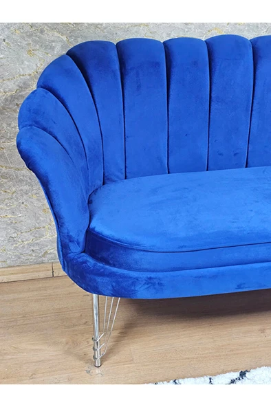 İkili İstiridye Krom Kaplama Telli Ayak Çay Seti Koltuk Tekli Berjer , İkili Berjer Koltuk Mavi Renk 110 x 48 Boyut/Ebat - 4