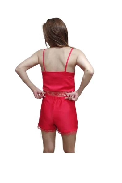 Kadın Saten Kırmızı Şortlu Gecelik Takımı Pijama 2'li Takım - 2
