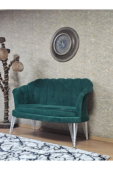 İkili İstiridye Beyaz Boyalı Telli Ayak Çay Seti Koltuk Tekli Berjer , İkili Berjer Koltuk Yeşil Renk 110 x 48 Boyut/Ebat - Resim 3