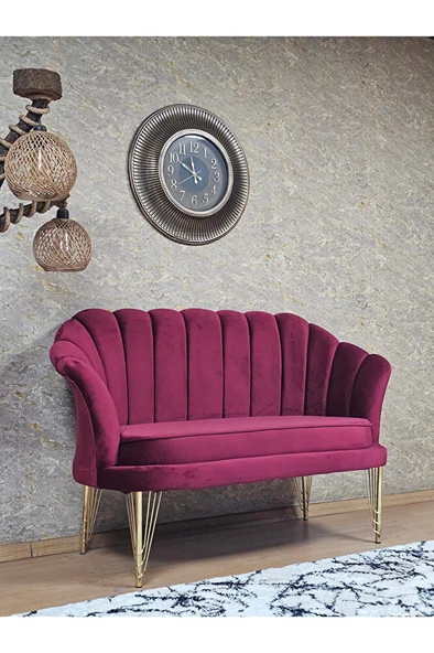 İkili İstiridye Gold Kaplama Telli Ayak Çay Seti Koltuk Tekli Berjer , İkili Berjer Koltuk Bordo Renk 110 x 48 Boyut/Ebat - 2