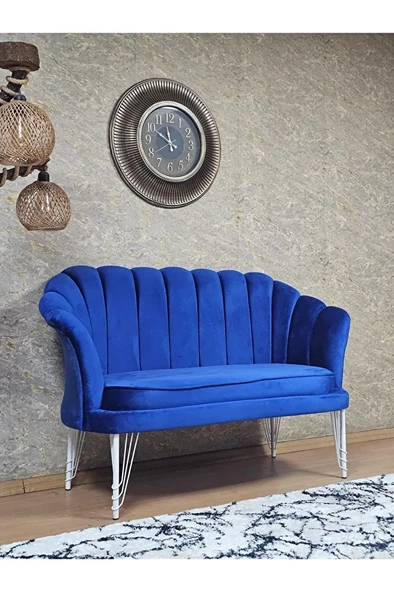 İkili İstiridye Beyaz Boyalı Telli Ayak Çay Seti Koltuk Tekli Berjer , İkili Berjer Koltuk Mavi Renk 110 x 48 Boyut/Ebat - 2