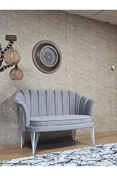 İkili İstiridye Beyaz Boyalı Telli Ayak Çay Seti Koltuk Tekli Berjer , İkili Berjer Koltuk Gri Renk 110 x 48 Boyut/Ebat - 2