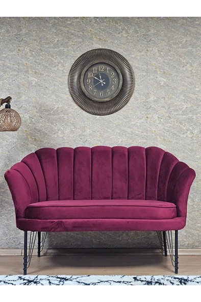 İkili İstiridye Siyah Boyalı Telli Ayak Çay Seti Koltuk Tekli Berjer , İkili Berjer Koltuk Bordo Renk 110 x 48 Boyut/Ebat