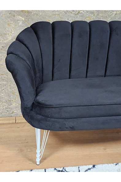 İkili İstiridye Beyaz Boyalı Telli Ayak Çay Seti Koltuk Tekli Berjer , İkili Berjer Koltuk Siyah Renk 110 x 48 Boyut/Ebat - 4