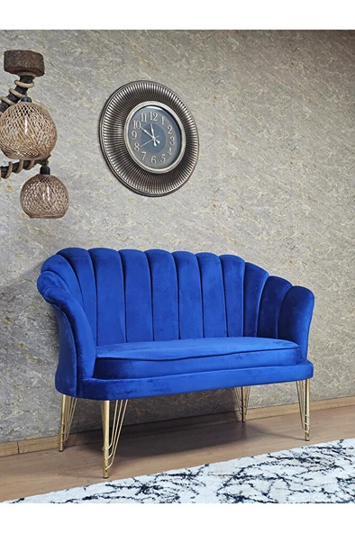 İkili İstiridye Gold Kaplama Telli Ayak Çay Seti Koltuk Tekli Berjer , İkili Berjer Koltuk Mavi Renk 110 x 48 Boyut/Ebat - 2