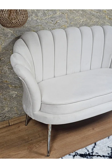 İkili İstiridye Krom Kaplama Sivriltme Ayak Çay Seti Koltuk İkili Berjer , İkili Berjer Koltuk Krem Renk 110 x 48 Boyut/Ebat - Resim 4