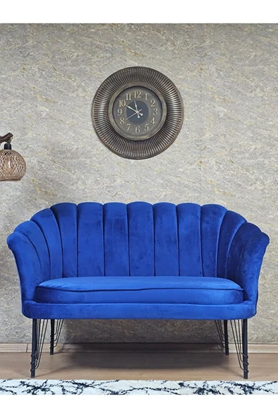 İkili İstiridye Siyah Boyalı Telli Ayak Çay Seti Koltuk Tekli Berjer , İkili Berjer Koltuk Mavi Renk 110 x 48 Boyut/Ebat ürün görseli